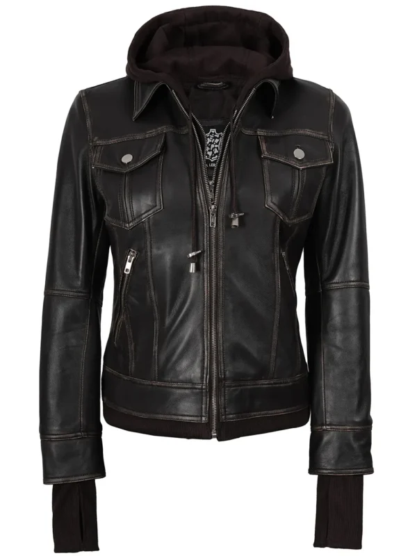 Tralee Women's Brown Bomber Leather Jacket with Hood06