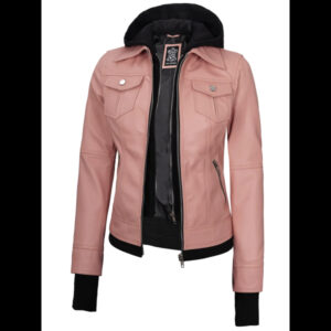 Tralee Women’s Pink Hooded Biker Leather Jacket 01