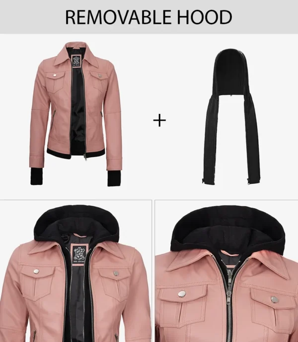 Tralee Women’s Pink Hooded Biker Leather Jacket 02