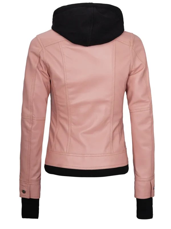 Tralee Women’s Pink Hooded Biker Leather Jacket 03