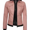 Tralee Women’s Pink Hooded Biker Leather Jacket 04