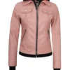 Tralee Women’s Pink Hooded Biker Leather Jacket 05