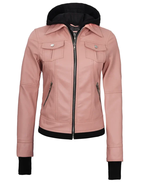 Tralee Women’s Pink Hooded Biker Leather Jacket 05