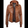 Tralee Women’s Tan Bomber Leather Jacket with Hood 01