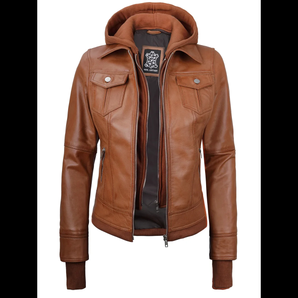 Tralee Women’s Tan Bomber Leather Jacket with Hood 01