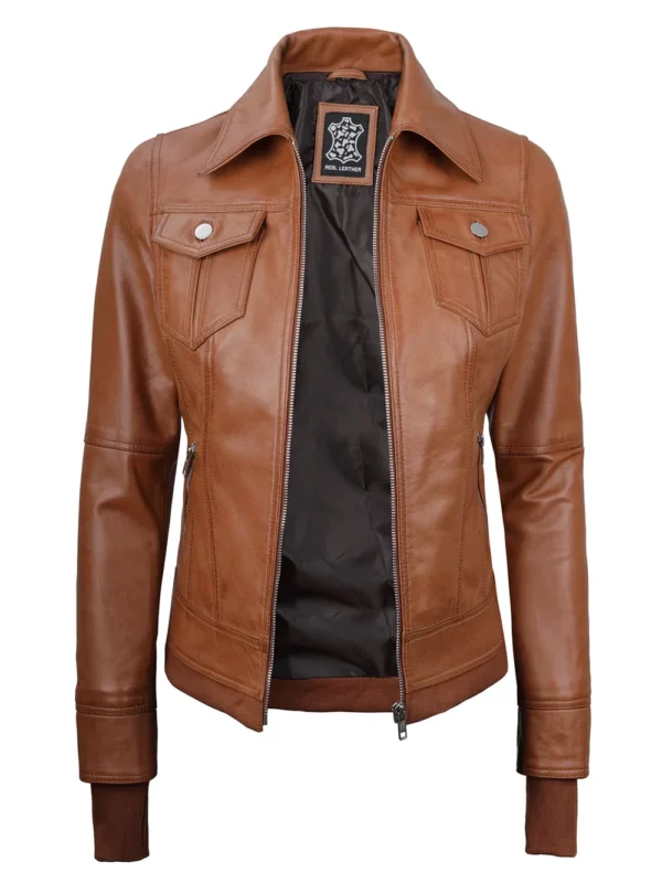 Tralee Women’s Tan Bomber Leather Jacket with Hood 03