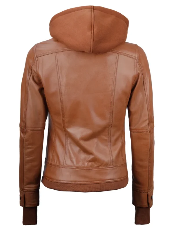 Tralee Women’s Tan Bomber Leather Jacket with Hood 04