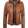 Tralee Women’s Tan Bomber Leather Jacket with Hood 05