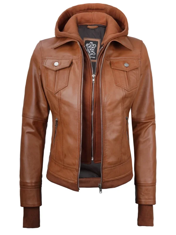 Tralee Women’s Tan Bomber Leather Jacket with Hood 05