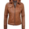 Tralee Women’s Tan Bomber Leather Jacket with Hood 06