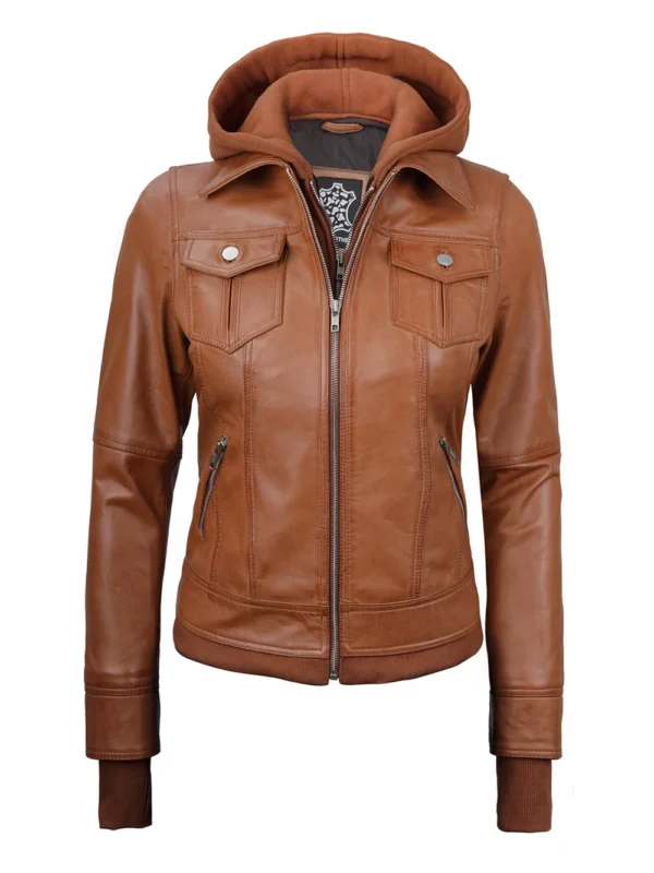 Tralee Women’s Tan Bomber Leather Jacket with Hood 06