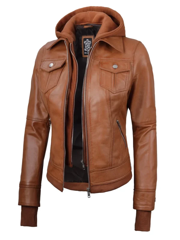 Tralee Women’s Tan Bomber Leather Jacket with Hood07