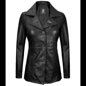 Women’s Black Leather Blazer Three Button Jacket 01