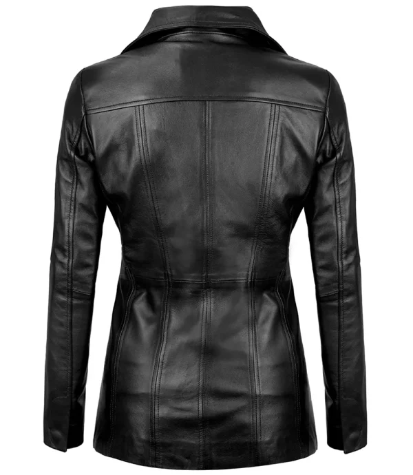 Women’s Black Leather Blazer Three Button Jacket 02