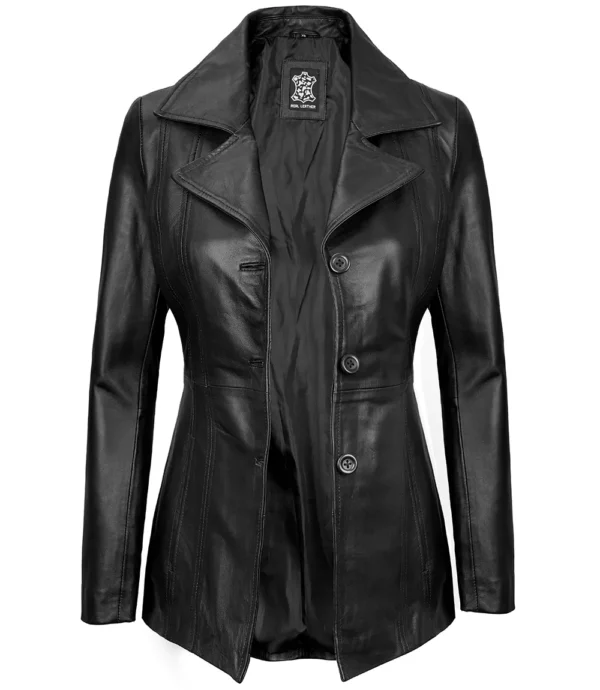 Women’s Black Leather Blazer Three Button Jacket 03
