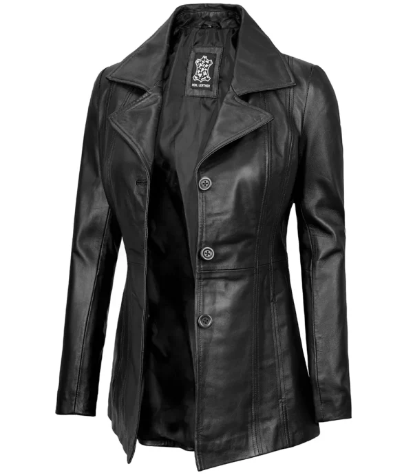 Women’s Black Leather Blazer Three Button Jacket 04