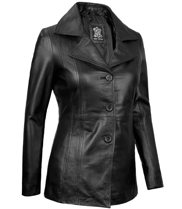 Women’s Black Leather Blazer Three Button Jacket 05