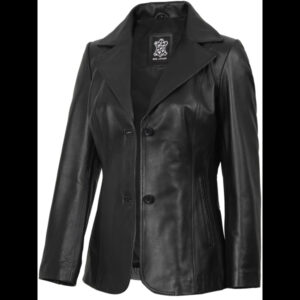 Women’s Black Leather Blazer Two Button Jacket 01