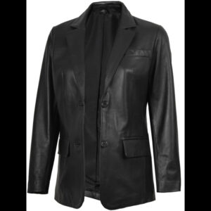 Women’s Black Leather Blazer Two Button Jacket 01