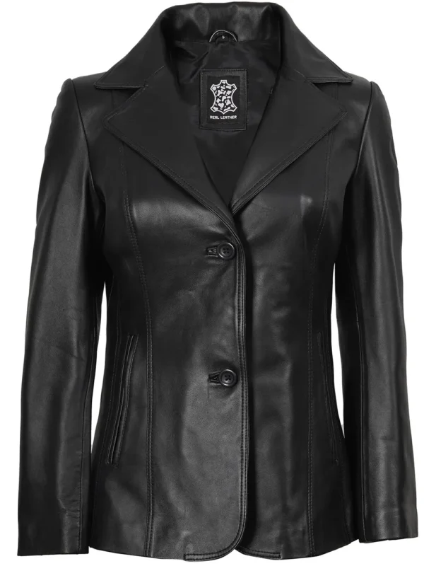Women’s Black Leather Blazer Two Button Jacket 03