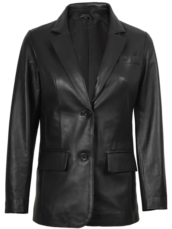 Women’s Black Leather Blazer Two Button Jacket03