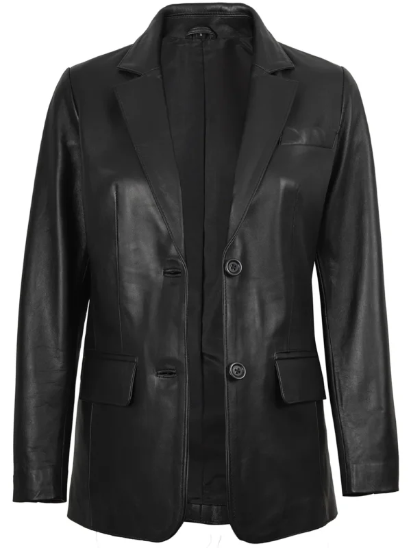 Women’s Black Leather Blazer Two Button Jacket 05