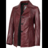 Women’s Burgundy Leather Blazer Three Button Jacket 01
