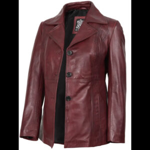 Women’s Burgundy Leather Blazer Three Button Jacket 01