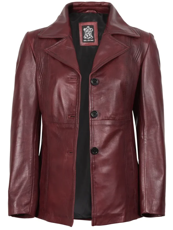 Women’s Burgundy Leather Blazer Three Button Jacket 03