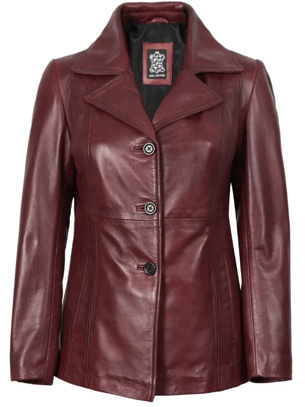 Women’s Burgundy Leather Blazer Three Button Jacket 04