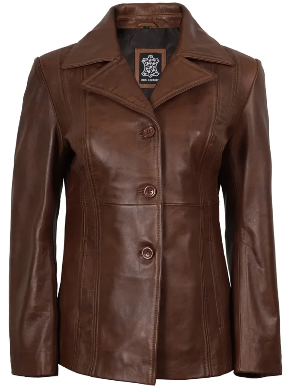 Women’s Cognac Brown Leather Blazer Three Button 04