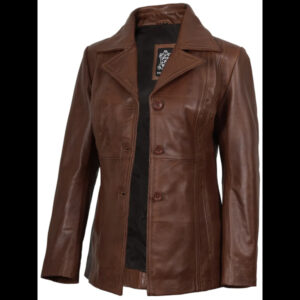 Women’s Cognac Leather Blazer Two Button Jacket 01