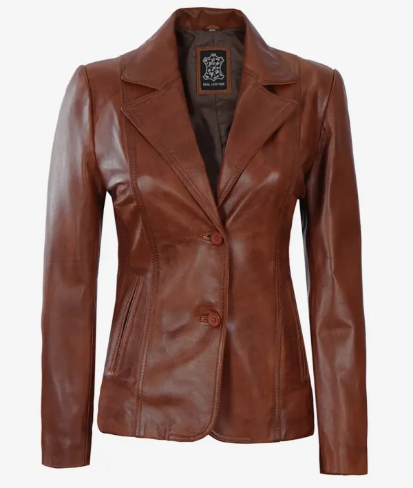 Women’s Cognac Leather Blazer Two Button Jacket 03