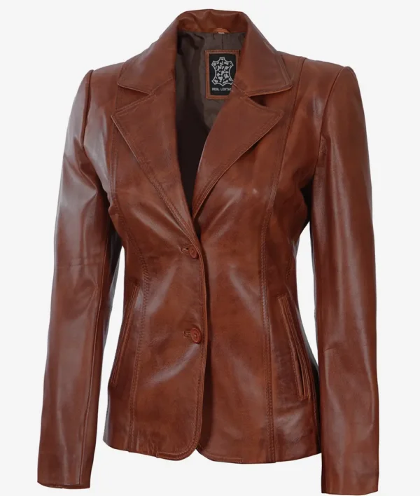 Women’s Cognac Leather Blazer Two Button Jacket 05