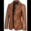 Women’s Tan Brown Leather Blazer Two Button Jacket 01