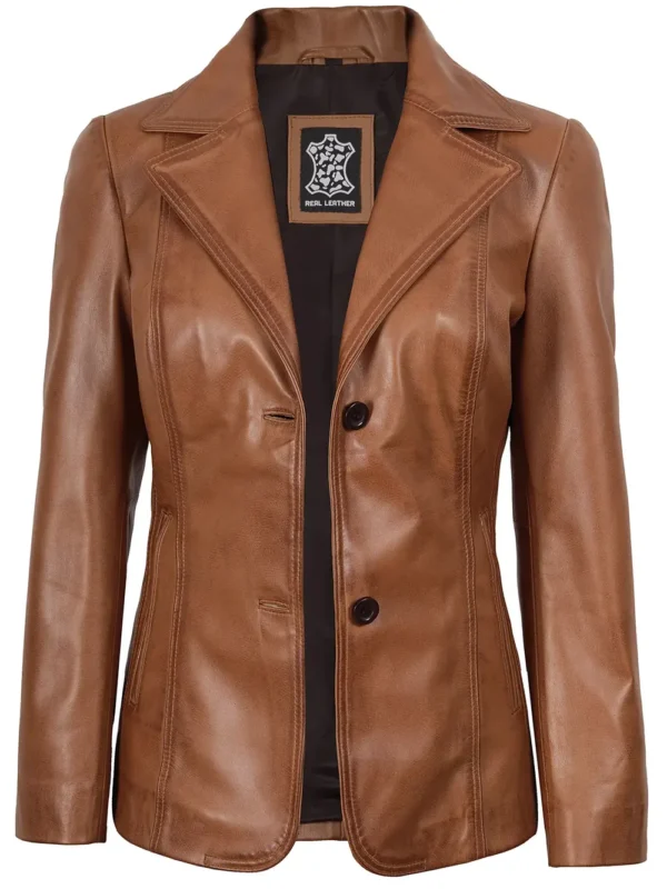 Women’s Tan Brown Leather Blazer Two Button Jacket 03