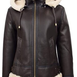 Women's Handmade Real Brown Shearling Bomber Leather Jacket With Detachable Hood | Womens B3 RAF Bomber Jacket | Womens Aviator Jacket