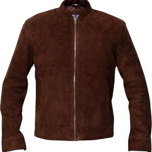 Real Suede Leather Jacket with Button Closure – Brown