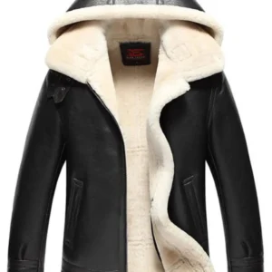 Britney Black Shearling Leather Bomber Jacket with Detachable Hood
