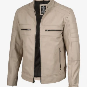 Mens Beige Cafe Racer Real Leather Jacket
