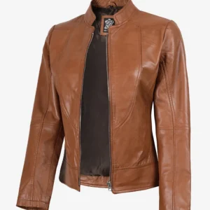 Women's Tan Brown Lambskin Leather Cafe Racer Jacket