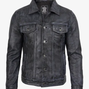 Men’s Black Distressed Real Leather Trucker Jacket