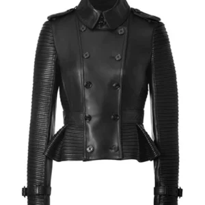 Women’s Double Breasted Quilted Black Leather Coat