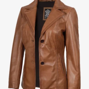 Women's Two Button Tan Leather Blazer Jacket