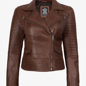 Women's Asymmetrical Cognac Wax Brown Biker Leather Jacket