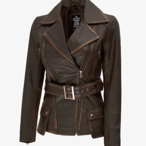 Women's Asymmetrical Rub-off Brown Belted Biker Jacket