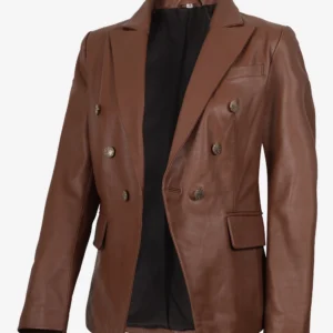 Kinley Women's Double Breasted Brown Leather Blazer Jacket