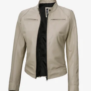 Dodge Women's Beige Cafe Racer Leather Jacket