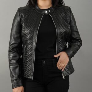 Handmade Womens Quilted Patterned Black Leather Jacket