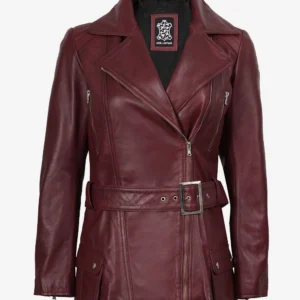 Women's Burgundy Asymmetrical Real Leather Biker Jacket